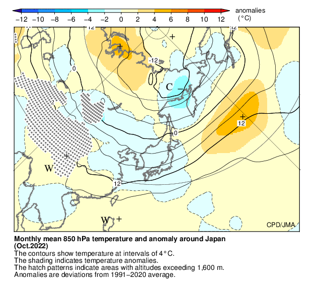 月平均850hPa気温・偏差分布図