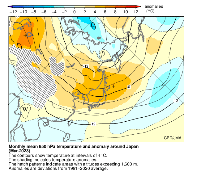 月平均850hPa気温・偏差分布図