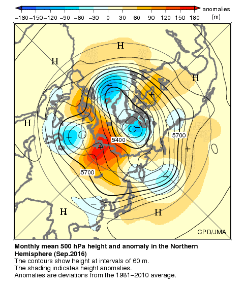 月平均500hPa高度・偏差分布図