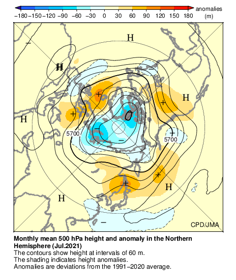 月平均500hPa高度・偏差分布図