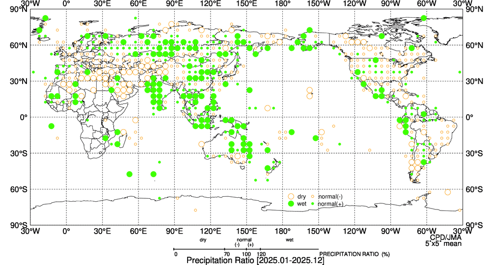 世界地図上で年降水量平年比の分布を表示している