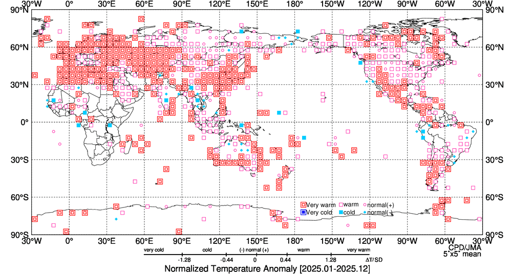 世界地図上で年平均気温規格化平年差を階級別を表示している