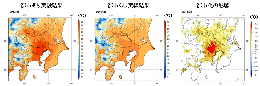 関東地方を対象とした2013年8月の月平均気温の分布と都市化の影響による月平均気温の変化