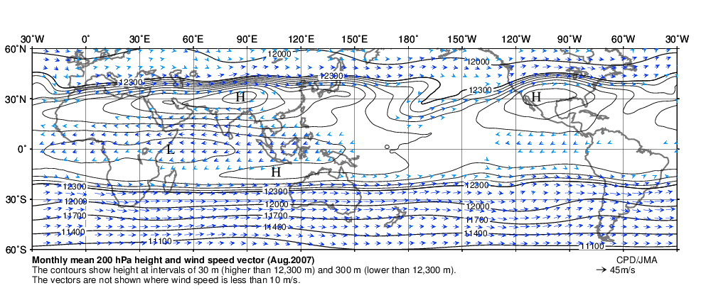 2007年8月の上空200hPaの高度分布図