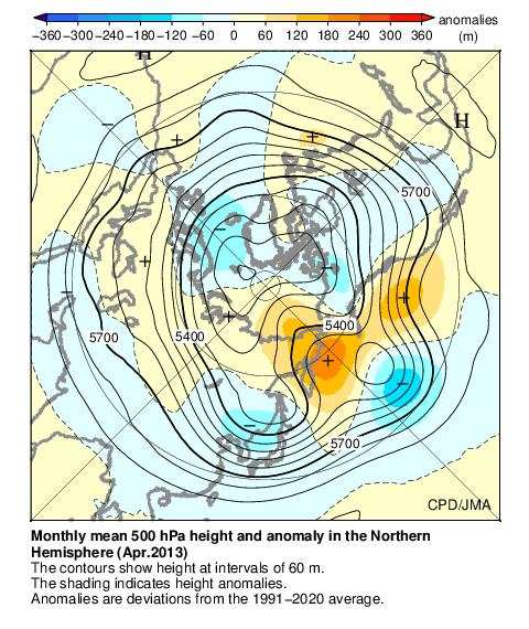 2013年4月500hPa高度分布および平年偏差