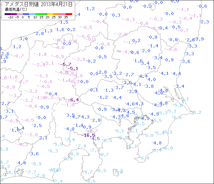 2013年4月21日6時のアメダス地点における気温