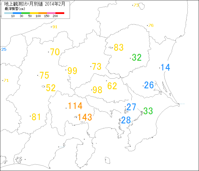 2013年12月から2014年2月までの最深積雪