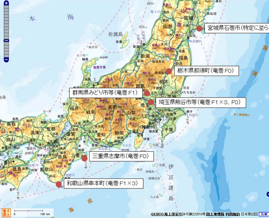 台風第18号による一連の竜巻（地図）