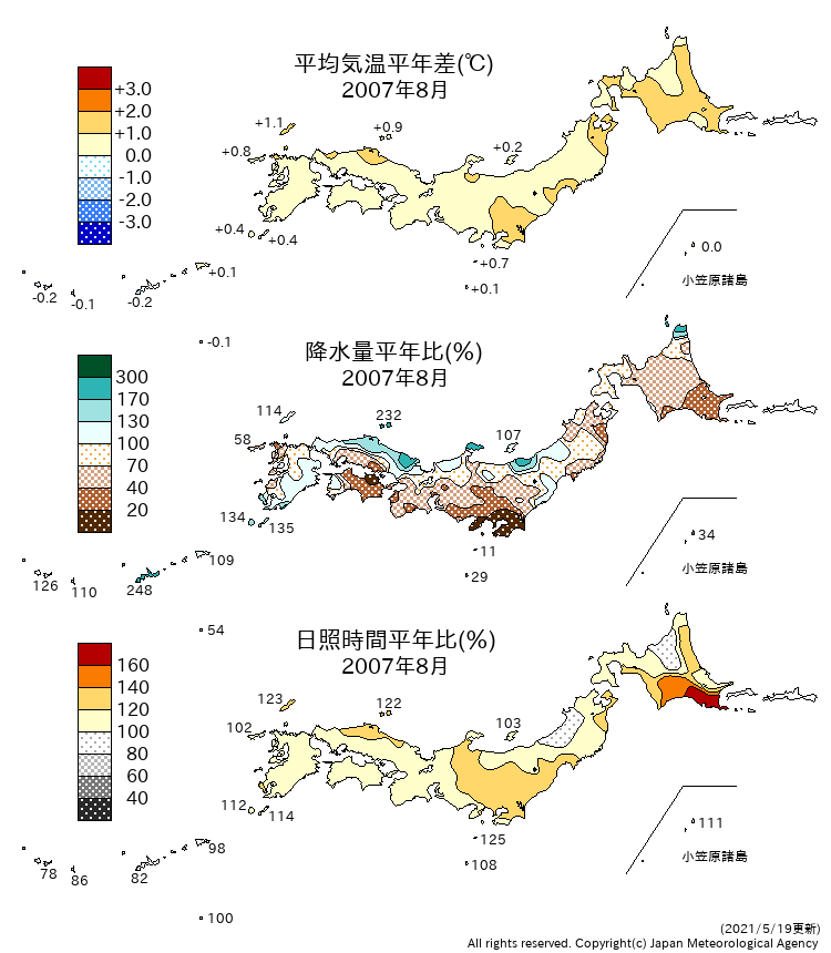 2007年8月の気温、降水量、日照時間の平年差および平年比