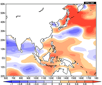 2013年7月の海面水温の平年差