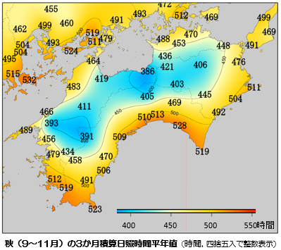 秋の３か月日照時間平年値