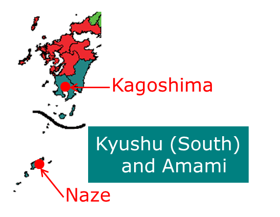 Location of Kagoshima City and Amami City Naze