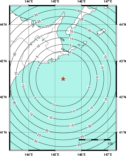 緊急地震速報第1報提供から主要動到達までの時間及び推計震度分布図