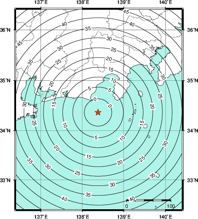 緊急地震速報第1報提供から主要動到達までの時間及び推計震度分布図