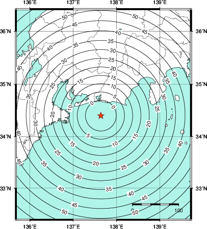 緊急地震速報第1報提供から主要動到達までの時間及び推計震度分布図