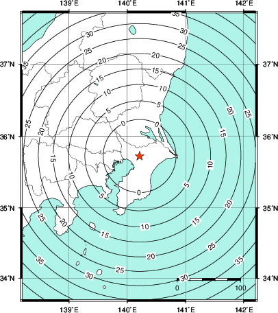 緊急地震速報第1報提供から主要動到達までの時間及び推計震度分布図
