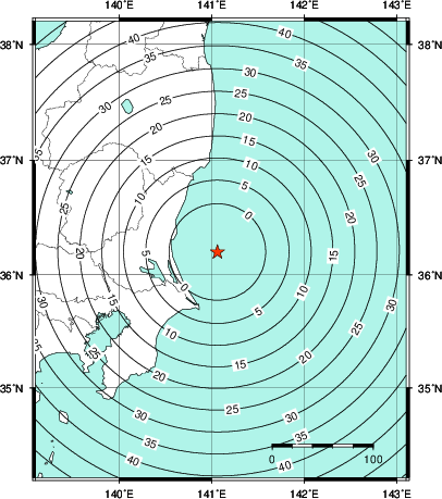 緊急地震速報第1報提供から主要動到達までの時間及び推計震度分布図