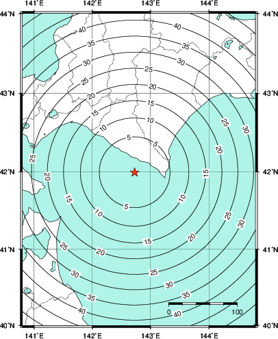 緊急地震速報第1報提供から主要動到達までの時間及び推計震度分布図