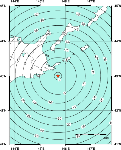 緊急地震速報第1報提供から主要動到達までの時間及び推計震度分布図