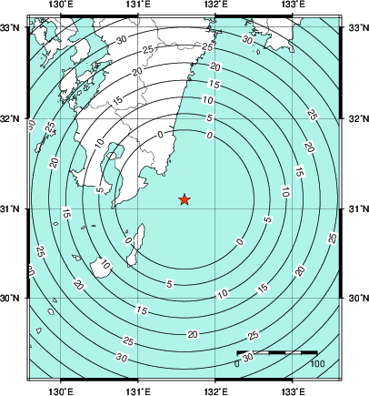 緊急地震速報第1報提供から主要動到達までの時間及び推計震度分布図