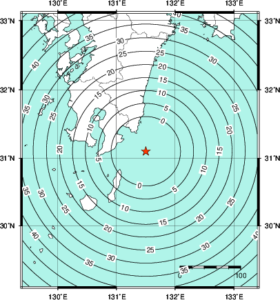 緊急地震速報第1報提供から主要動到達までの時間及び推計震度分布図