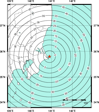 緊急地震速報第1報提供から主要動到達までの時間及び推計震度分布図