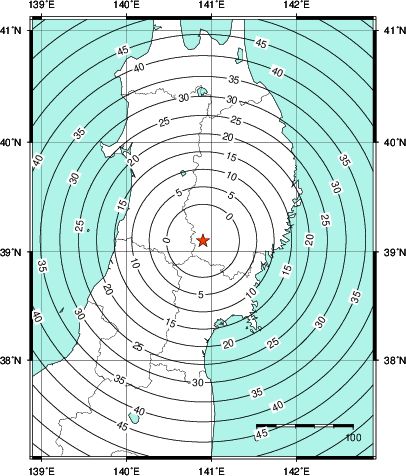 緊急地震速報第1報提供から主要動到達までの時間及び推計震度分布図