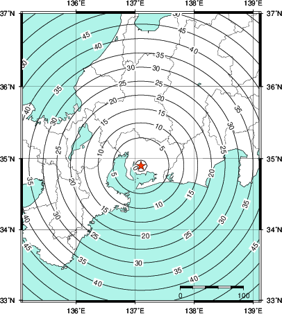 緊急地震速報第1報提供から主要動到達までの時間及び推計震度分布図