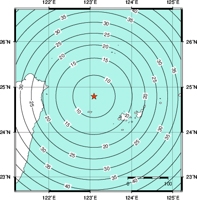 緊急地震速報第1報提供から主要動到達までの時間及び推計震度分布図