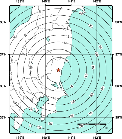 緊急地震速報第1報提供から主要動到達までの時間及び推計震度分布図