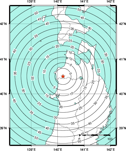 緊急地震速報第1報提供から主要動到達までの時間及び推計震度分布図