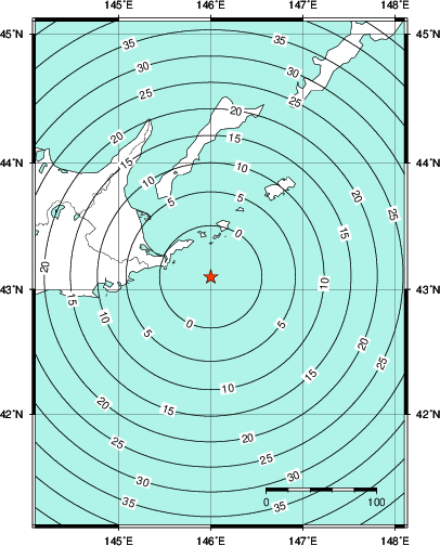 緊急地震速報第1報提供から主要動到達までの時間及び推計震度分布図