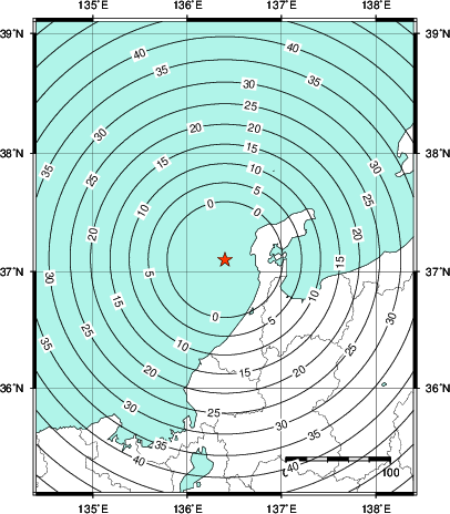 緊急地震速報第1報提供から主要動到達までの時間及び推計震度分布図