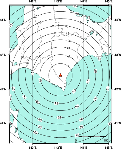 緊急地震速報第1報提供から主要動到達までの時間及び推計震度分布図