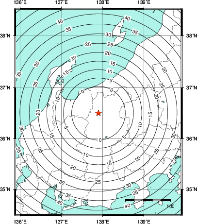 緊急地震速報第1報提供から主要動到達までの時間及び推計震度分布図