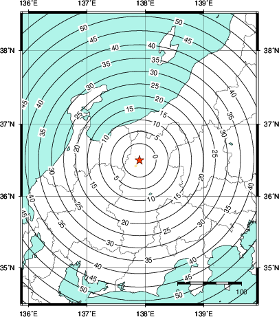 緊急地震速報第1報提供から主要動到達までの時間及び推計震度分布図