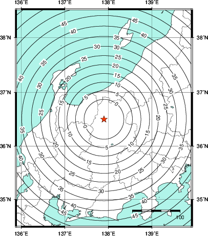 緊急地震速報第1報提供から主要動到達までの時間及び推計震度分布図