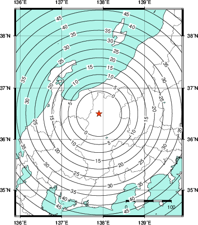 緊急地震速報第1報提供から主要動到達までの時間及び推計震度分布図