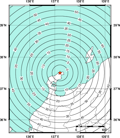 緊急地震速報第1報提供から主要動到達までの時間及び推計震度分布図