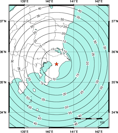 緊急地震速報第1報提供から主要動到達までの時間及び推計震度分布図