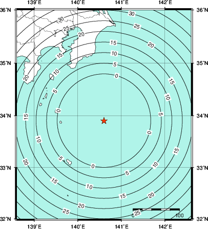 緊急地震速報第1報提供から主要動到達までの時間及び推計震度分布図