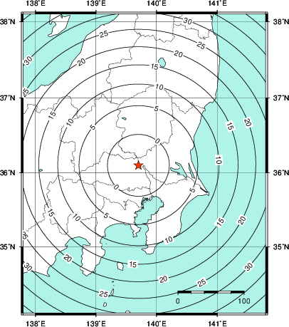 緊急地震速報第1報提供から主要動到達までの時間及び推計震度分布図