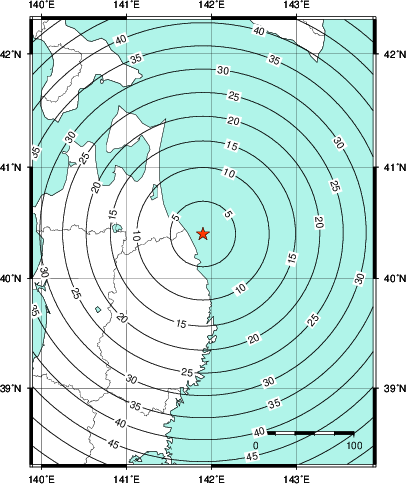 緊急地震速報第1報提供から主要動到達までの時間及び推計震度分布図