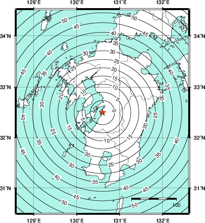 緊急地震速報第1報提供から主要動到達までの時間及び推計震度分布図