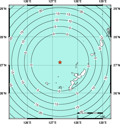 緊急地震速報第1報提供から主要動到達までの時間及び推計震度分布図