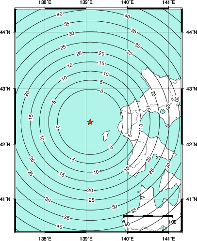 緊急地震速報第1報提供から主要動到達までの時間及び推計震度分布図