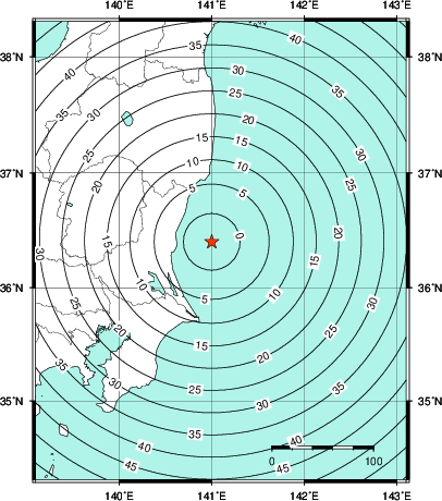 緊急地震速報第1報提供から主要動到達までの時間及び推計震度分布図