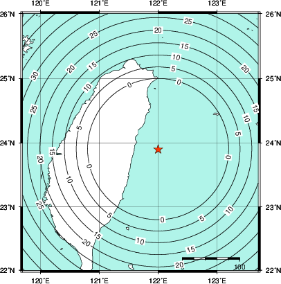 緊急地震速報第1報提供から主要動到達までの時間及び推計震度分布図