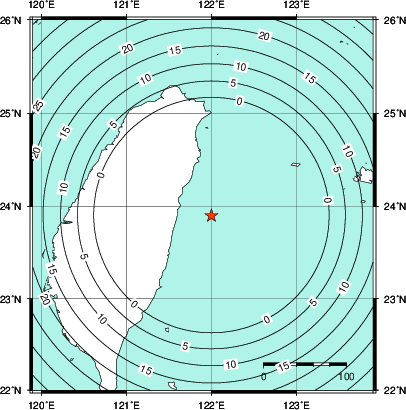 緊急地震速報第1報提供から主要動到達までの時間及び推計震度分布図
