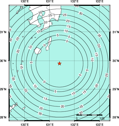 緊急地震速報第1報提供から主要動到達までの時間及び推計震度分布図